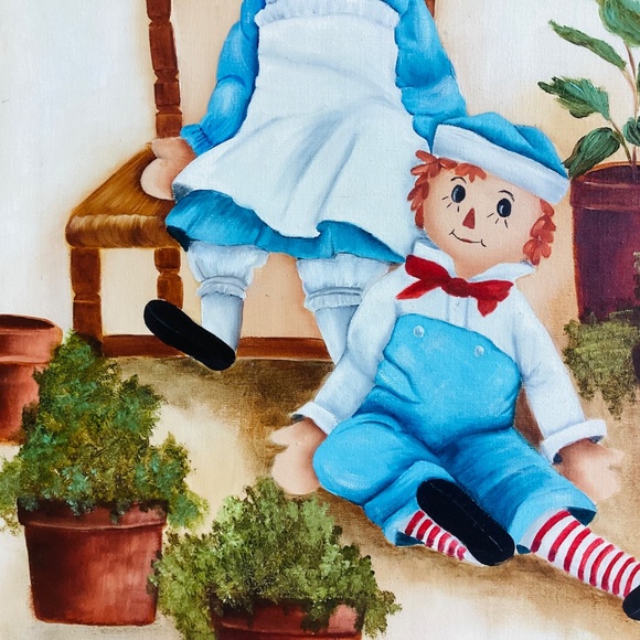 Vintage Raggedy Ann and Andy Large Oil Painting Canvas Initials On Back 18x24” - Picture 6 of 13